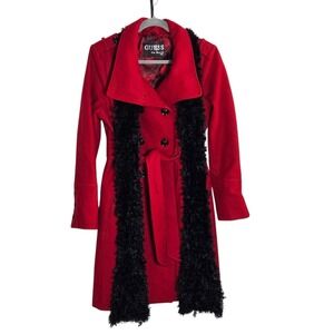 GUESS Red Wool Blend Trench Coat Scarf Double Breasted Large Y2K Glam Maximalist